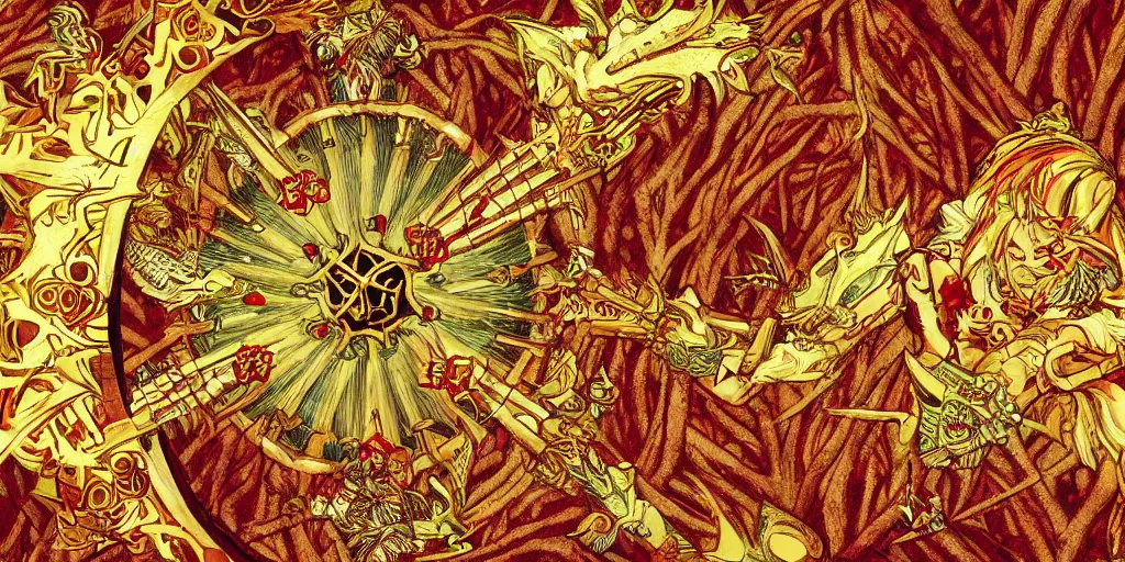 Image similar to cu of a large five armed golden, ruby and emerald encrusted shuriken weapon, flying thru a ancient forest