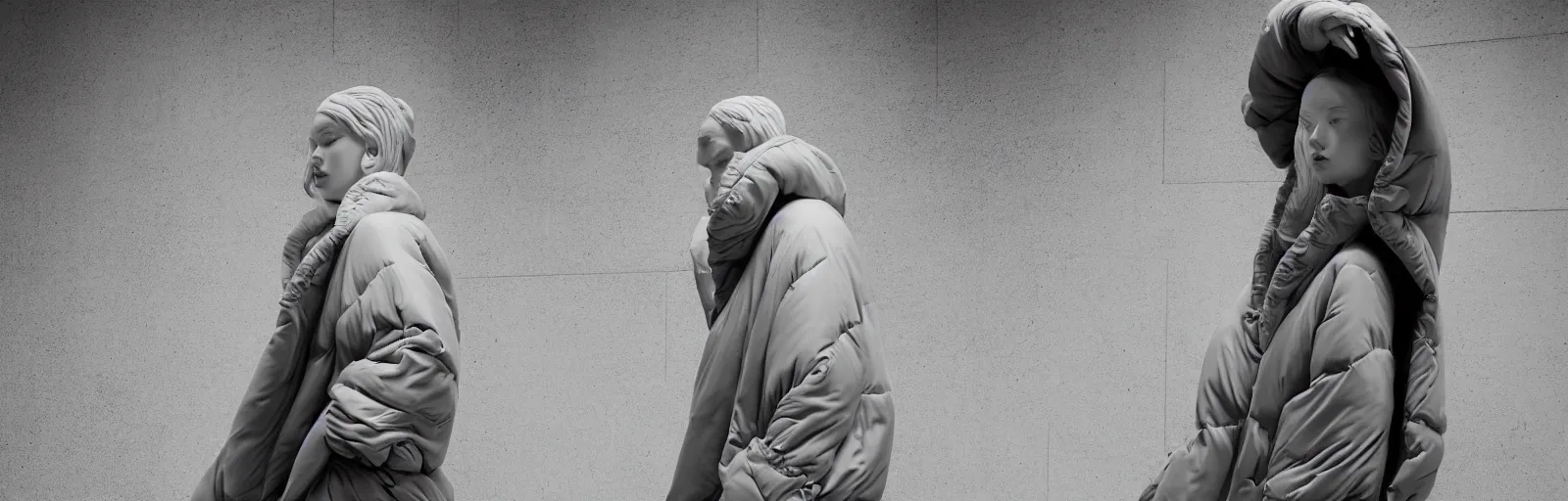 Image similar to well lit fashion shoot portrait of extremely beautiful female marble statue wearing huge over size puffer jacket by dingyun zhang, yeezy, balenciaga, vetements, a cold wall, sharp focus, clear, detailed,, cinematic, detailed, off white, glamourous, symmetrical, vogue, editorial, fashion, magazine shoot, glossy