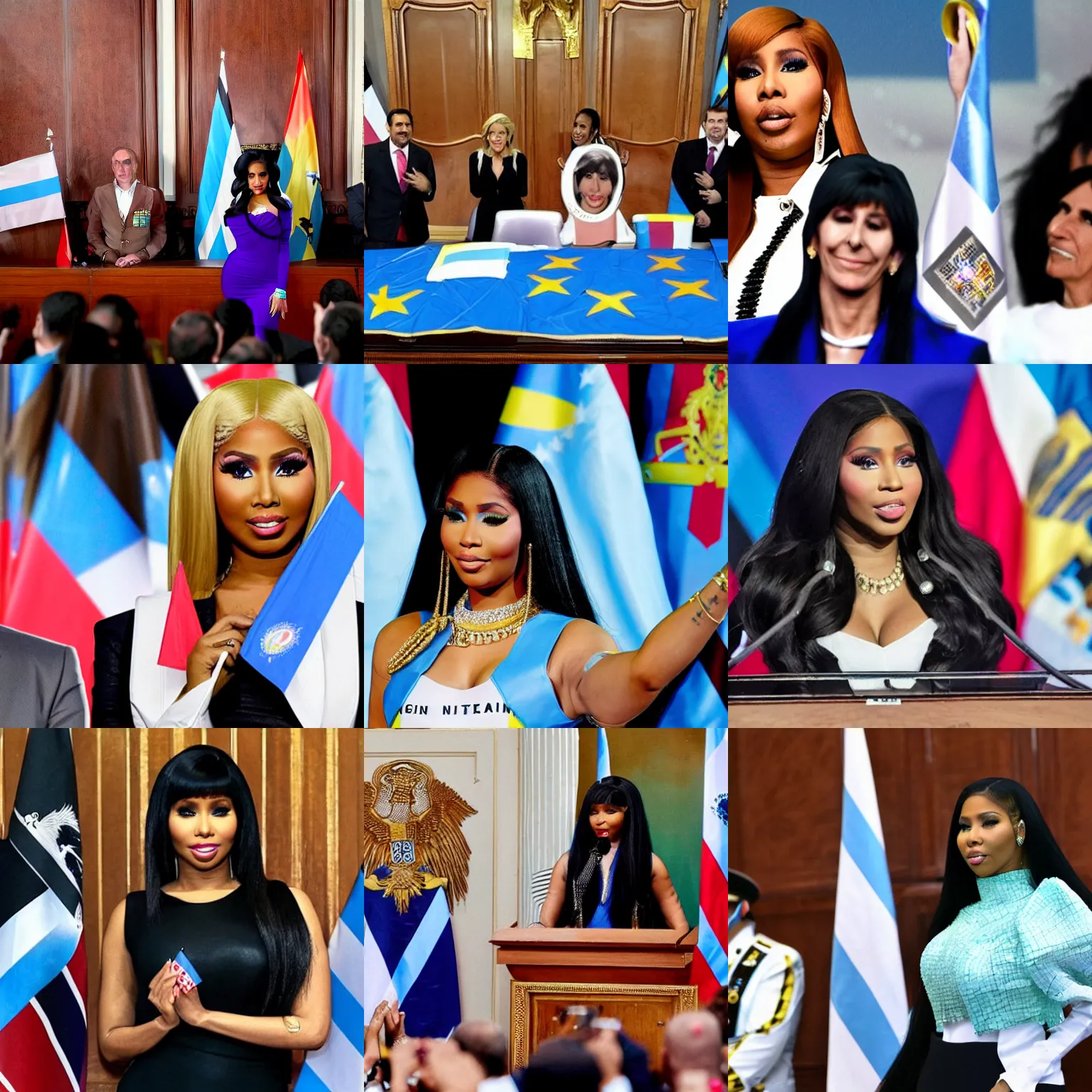 Prompt: Nicki Minaj as the president of Argentina, in the Argentine Congress, wearing presidential band, as Cristina Kirchner, flags of Argentina behind, detailed picture