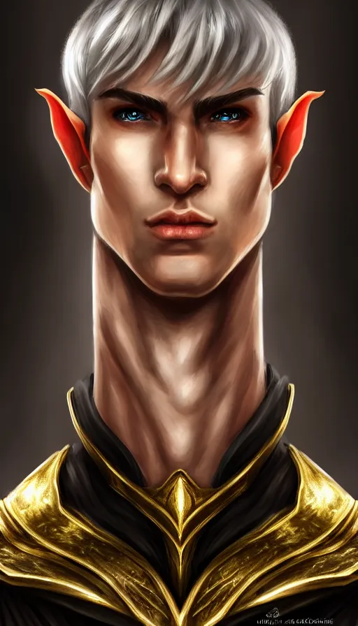 Image similar to A medium shot portrait of a male elf, he is about 20 years old, attractive, lean but muscular, serious composure, short silver hair, prideful look, he is wearing black heavy armor with gold plating and a red cape, highly detailed portrait, digital painting, ArtStation, concept art, smooth, sharp focus illustration