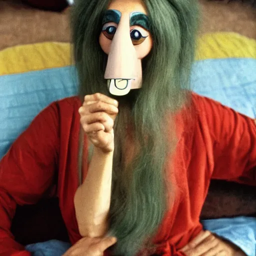 Prompt: 1970 hippie woman on tv show with a long prosthetic inflatable nose, big nostrils, wearing a robe on the hillside 1970 color archival footage color film 16mm holding a hand puppet Fellini Almodovar John Waters Russ Meyer Doris Wishman