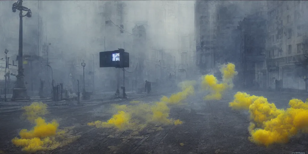 Image similar to kiev city streets covered in yellow and blue smoke, by jeremy mann, by kim keever