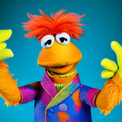 Image similar to studio portrait still of muppet!!!!! ziggy stardust!!!!!! as a muppet muppet as a muppet, 8 k, studio lighting, key light,