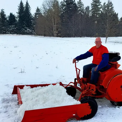 Prompt: Hank Hill ploughing sitting on a snow plough in the middle of winter