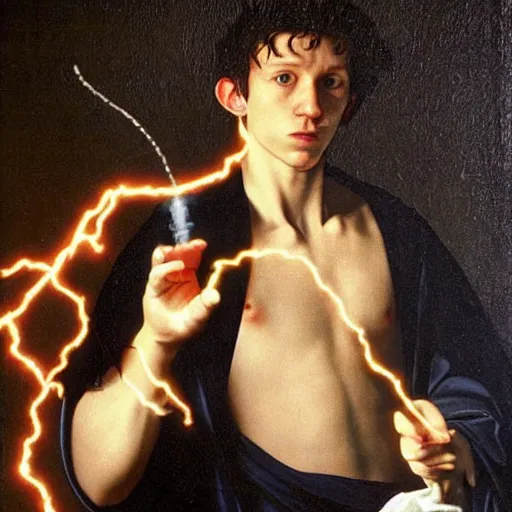 Prompt: Tom Holland wearing a black robe, holding a wand with electricity emitting from it. Painted by Caravaggio, high detail