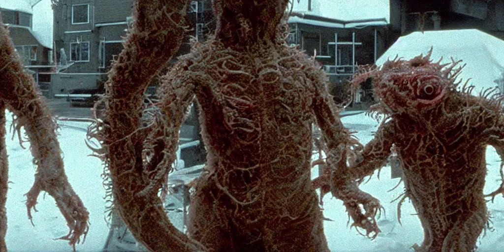 Prompt: filmic extreme wide shot dutch angle movie still 35mm film color photograph of a mutated shape shifting organism made of human internal organs, disgusting dissected human tissue with a variety of grotesquely strewn together human and animal limbs, in the style of a horror film The Thing 1982