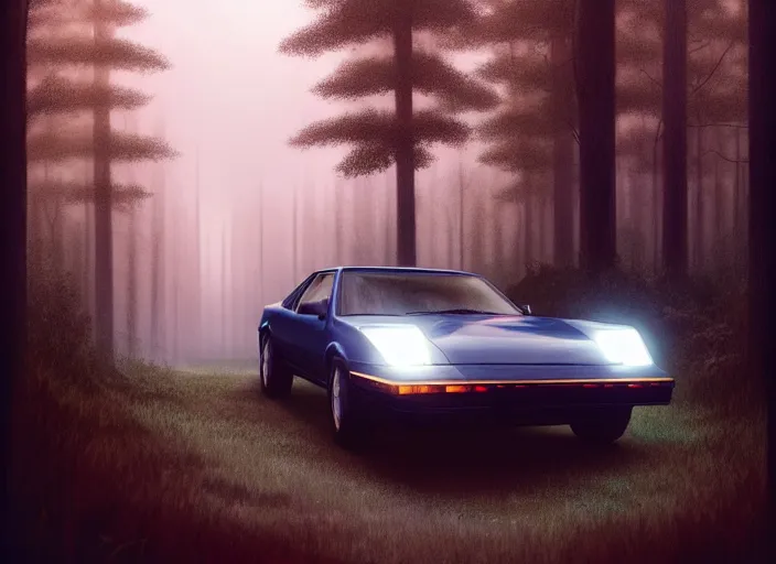 Image similar to detailed intricate digital illustration by greg rutkowski and artgerm and wlop and sanford robinson gifford ; 1 9 8 8 vehicle, glowing headlights, foggy forest in background ; 1 3 mm film, close up head on arri alfa anamorphic lens ; sharp focus, soft evening lighting, trending on artstation 4 k