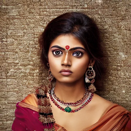 Prompt: close - up shot, studio photographic portrait of beautiful indian girl in sari, brown reddish hair, eyes with crystal teal iris, haunting, looking at viewer, dynamic lighting, random outdoor wallpaper background, photorealistic, 2 5 mm