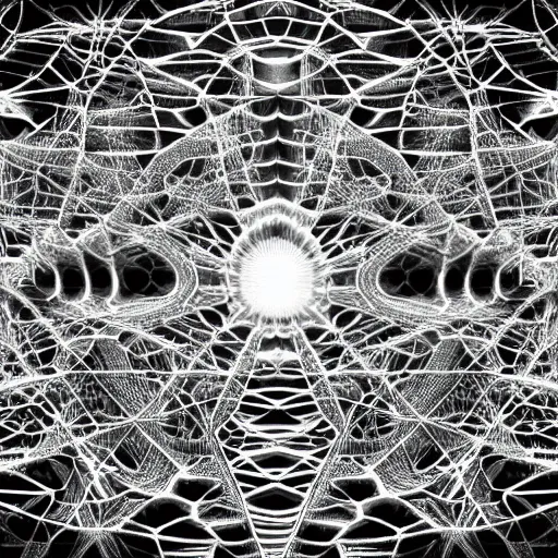 Prompt: spiderweb abomination, scary, mostly black and white, mandelbulb fractal, expansive, huge, lots of detail, highly detailed, 8 k