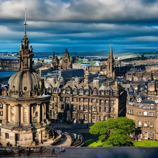 Prompt: Cityscape view of Edinburgh but underwater, sharp focus, sun rays through the water