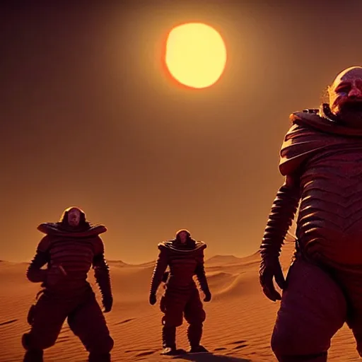 Prompt: sardaukar dwarves on Arrakis, full contact epic training fully armed, photorealistic hight detail HDR cinematic scene from the Dune movie by denis villeneuve