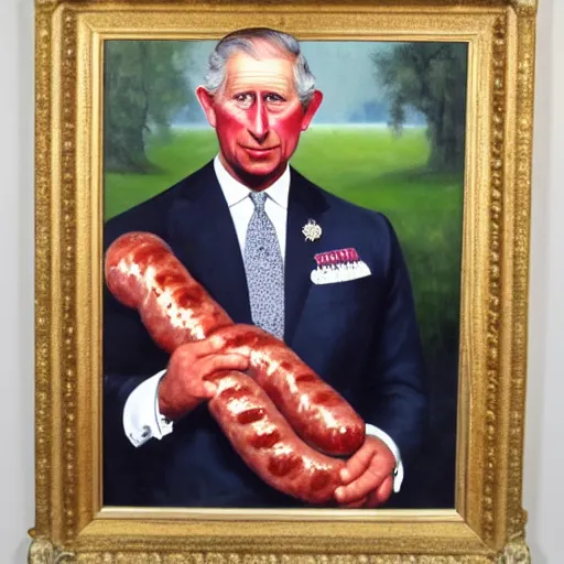 Prompt: an oil painting of prince charles with sausage fingers