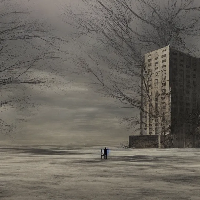 Image similar to a building in a serene landscape, apocalyptic fiction