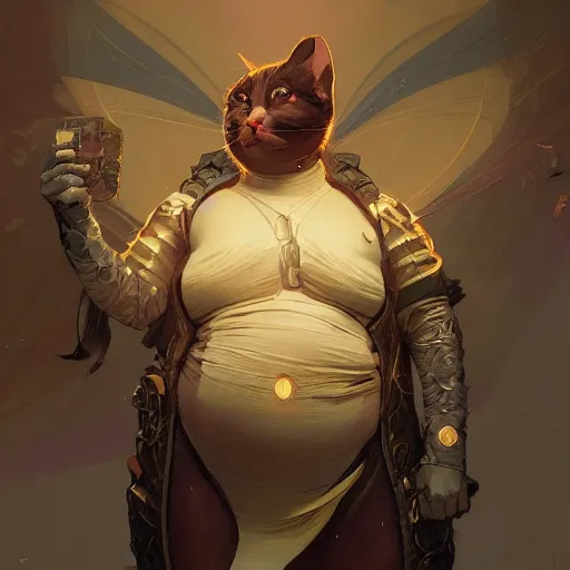 Prompt: fat cat superhero, gorgeous, beautiful, intricate, highly detailed, digital painting, artstation, oppressive lighting, concept art, sharp focus, illustration, art by greg rutkowski and alphonse mucha