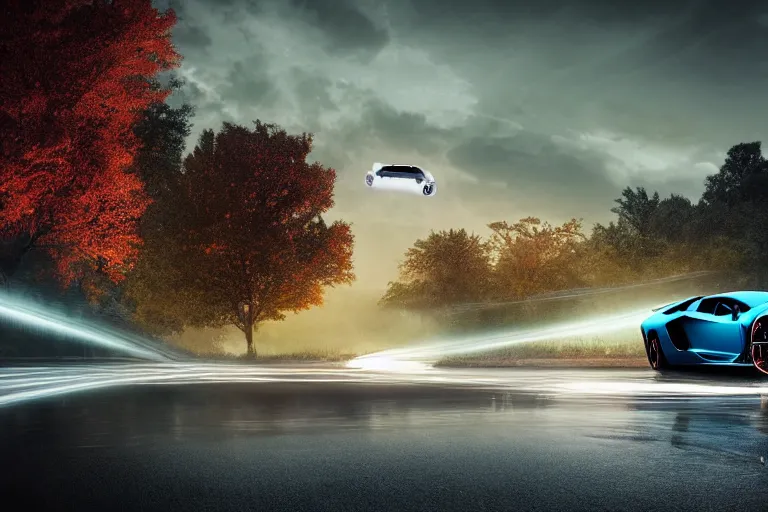 Image similar to a landscape photograph of a lamborghini aventador being chased by an alien spaceship through a vast serene landscape in a dystopian future, neon, river, trees, beautiful lighting, by lee madgwick