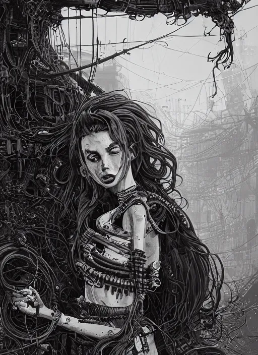 Image similar to highly detailed portrait of wasteland punk long curly fire hair tribal lady, stray wiring by atey ghailan, james gilleard, by joe fenton, by greg rutkowski, by greg tocchini, by kaethe butcher, 4 k resolution, gradient red, orange, black and white color scheme!!! ( ( flaming robotic dystopian city spiral background ) )