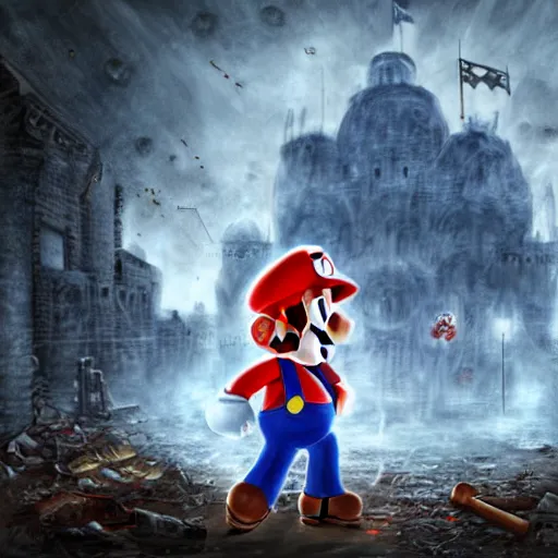 Image similar to concept art of mario from super mario bros in a ruined kingdom, resident evil, horror, occult, terror, mist, volumetric render, zoomed out wide angle digital painting, detailed painting