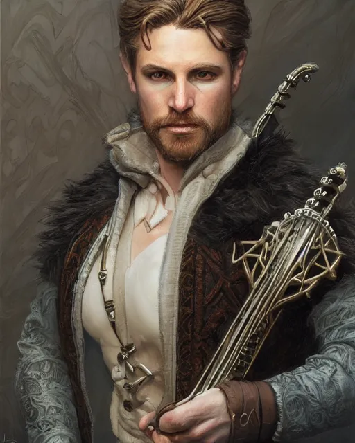 Image similar to white male rogue bard portrait, highly detailed, very intricate, cinematic lighting, closeup painted portrait, by donato giancola and rossdraws and magali villenueve, featured on artstation
