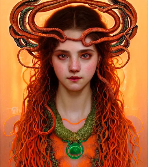 Image similar to portrait of teenage medusa, snake hair, naughty smile, wearing an embroidered orange tunic, intricate, sensual, elegant, copper and emerald jewelry, glowing lights, seductive, highly detailed, digital painting, artstation, concept art, smooth, sharp focus, illustration, art by wlop, mucha, artgerm, and greg rutkowski