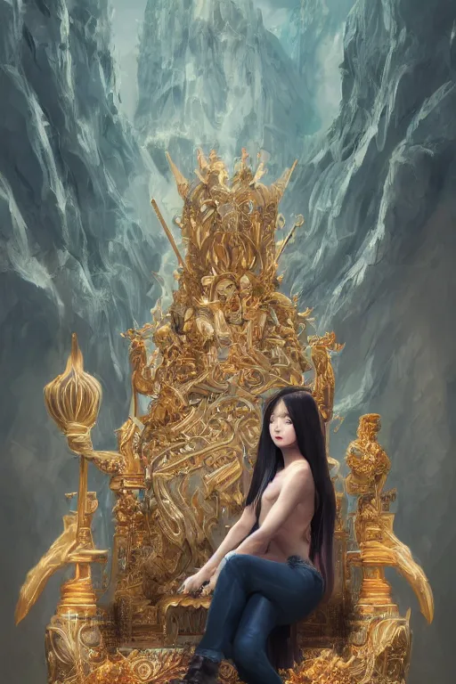 Image similar to a young asian woman with shoulder length hair and strong facial bone structure, queen and ruler of the universe, sitting on her throne, young handsome caucasian men kneeling at her feet, digital painting, highly detailed, intricate, elegant, trending on artstation, art by wlop