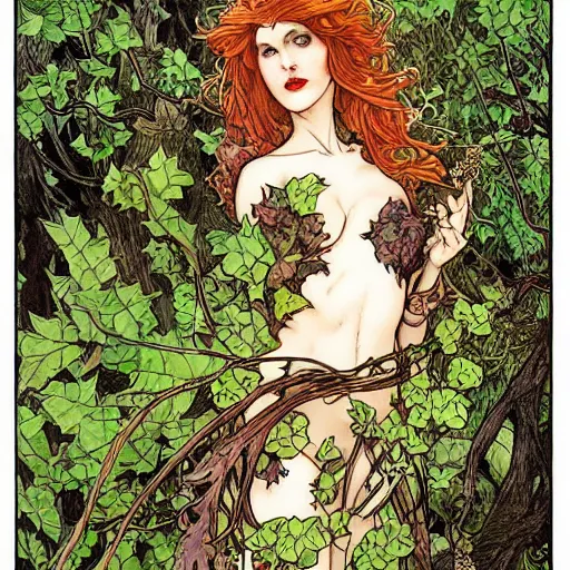 Image similar to a beautiful and detailed magic the gathering card of a seductive poison ivy as a dryad, fantasy, d & d, dark eyeliner, intricate, elegant, highly detailed, digital painting, artstation, concept art, matte, sharp focus, illustration, art by rebecca guay and by arthur rackham and by alphonse mucha and by john william waterhouse