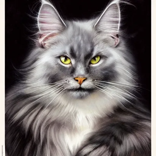 Prompt: a big magnificent dark gray maine coon mix cat with white belly, white paws and white face markings with long fur and fluffy tail, sitting, intricate, elegant, highly detailed, digital painting, artstation, concept art, matte, sharp focus, illustration, art by Artgerm and Greg Rutkowski and Alphonse Mucha