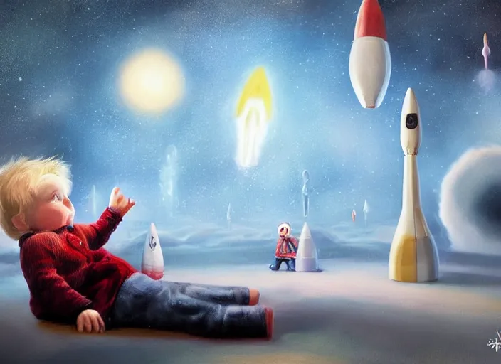 Prompt: toddler elon musk lying on a shaggy rug playing with his space rockets, realistic, beautiful soft lighting, istvan sandorfi