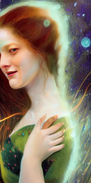 Image similar to young woman, smiling amazed, among firefly lights, full covering intricate detailed dress, amidst nature, long red hair, precise linework, accurate green eyes, small nose with freckles, beautiful oval shape face, empathic, expressive emotions, dramatic lights, hyper realistic ultrafine art by artemisia gentileschi, jessica rossier, boris vallejo