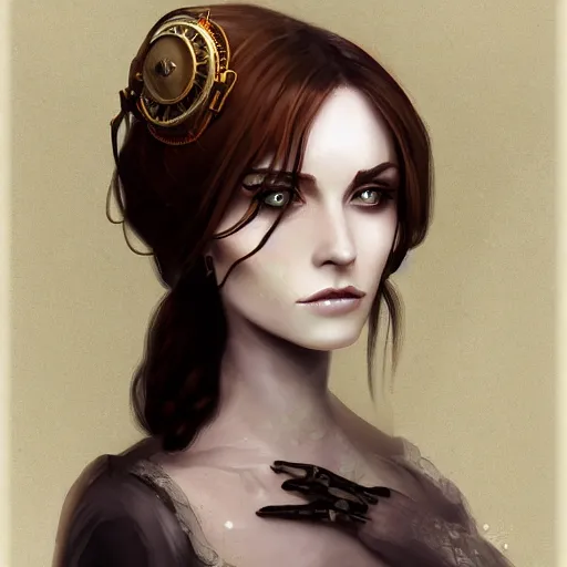 Image similar to character concept portrait of a woman with pale face, steampunk, intricate, elegant, digital painting, concept art, smooth, focus,