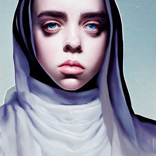 Prompt: Billie Eilish as a sad nun, painted by Ross Tran, detailed brushstrokes
