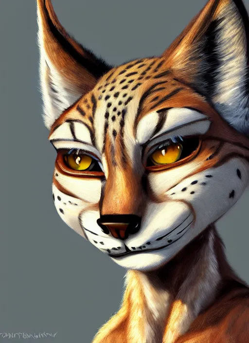 Image similar to oil painting of anthromorphic female lynx damaged zombie, in style of zootopia, female fursona, furry, furaffinity, 4 k, deviantart, furry art, fursona art, wearing black business suit, business suit, lynx fursona, female, very expressive detailed feminine face,