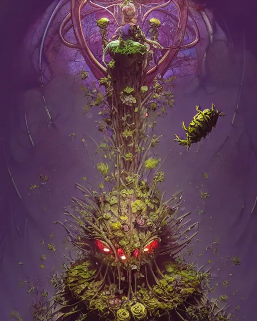 Image similar to the platonic ideal of flowers, rotting, insects and praying of cletus kasady carnage thanos davinci nazgul wild hunt chtulu mandelbulb ponyo botw bioshock, d & d, fantasy, ego death, decay, dmt, psilocybin, concept art by randy vargas and greg rutkowski and ruan jia and alphonse mucha