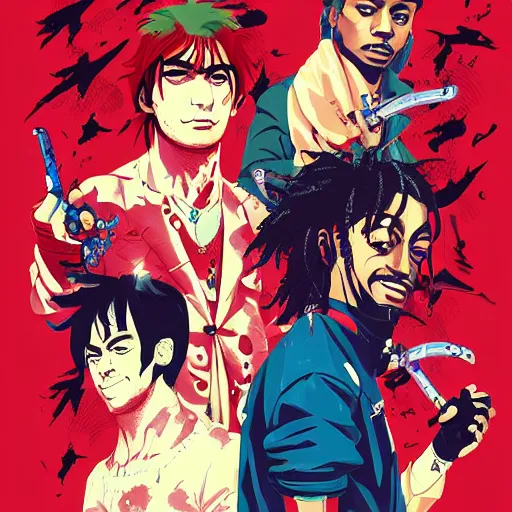 Prompt: Playboi Carti and Lil Uzi Vert, Ninja Scrolls, Gang, Pistol, Blood, red smoke, by Sachin Teng, by artgem Trending on artstation