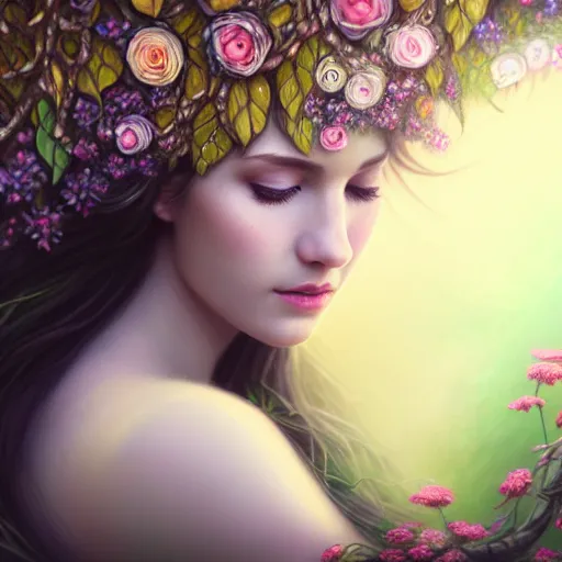 Prompt: a picture of a beautiful woman clothed in flowers and leaves sitting overlooking an enchanted forest, high fantasy, elegant, epic, detailed, intricate, digital painting, concept art, realistic detailed face, smooth, focus, rim light, detailed 8 5 mm f / 1. 4, anamorphic lens,