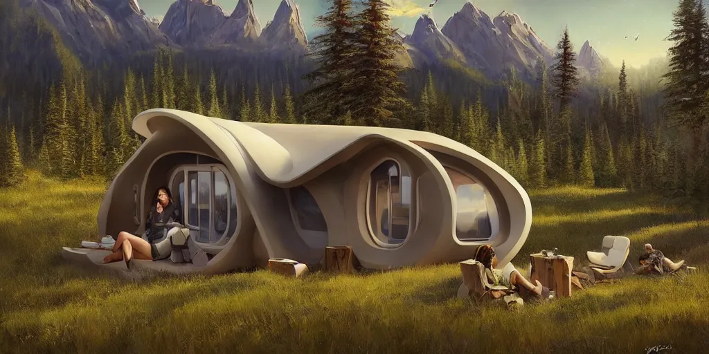 Image similar to cabela's beautiful comfortable futuristic pop up insulated all terrain family pod, cabin, modular, person in foreground, mountainous forested wilderness open fields, beautiful views, painterly concept art, joanna gaines, environmental concept art, farmhouse, magnolia, concept art illustration by ross tran, by james gurney, by craig mullins, by greg rutkowski trending on artstation