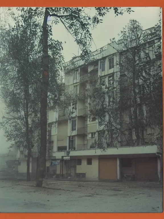 Image similar to polaroid photo of low residential building in russian suburbs, lights are on in the windows, deep night, post - soviet courtyard, cozy atmosphere, light fog, street lamps with orange light, several birches nearby, several elderly people stand at the entrance to the building