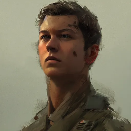 Prompt: portrait of a man by Greg Rutkowski, who looks like a mixture between Joe Keery and Tye Sheridan wearing orange camouflage military fatigues, scifi, highly detailed portrait, digital painting, artstation, concept art, smooth, sharp foccus ilustration, Artstation HQ