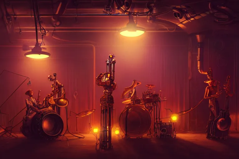 Image similar to 3 steampunk robot jazz musicians playing at a night club, focus on the musicians, cinematic lighting, exaggerated detailed, unreal engine, octane render, trending on artstation, art by greg rutkowski and andreas rocha