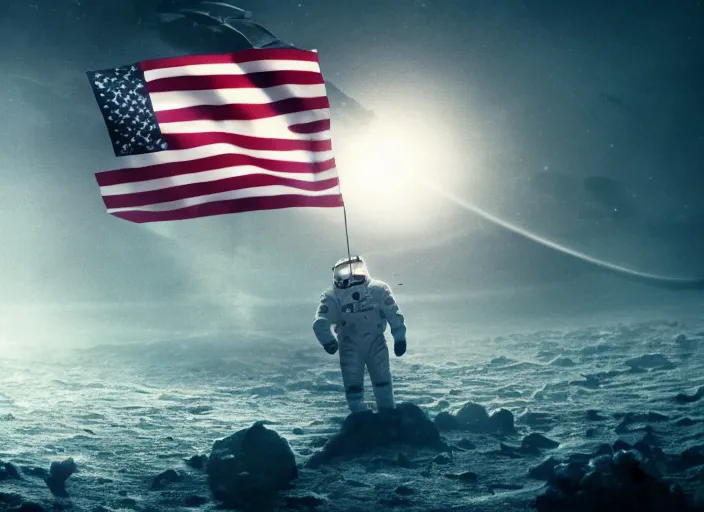 Image similar to astronaut holding a flag in an underwater desert. a submarine is visible in the distance. dark, concept art, cinematic, dramatic, atmospheric, 8 k, trending on artstation, blue, fish, low visibility, fog, ocean floor, christopher nolan, interstellar