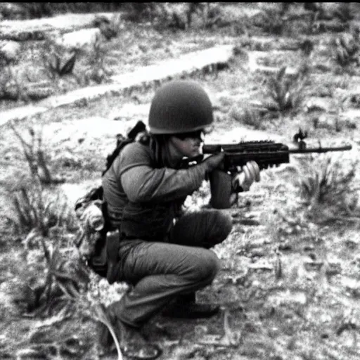 Image similar to “ hamster in the vietnam war, firing his m 1 6, action shot, highly detailed, film photograph ”