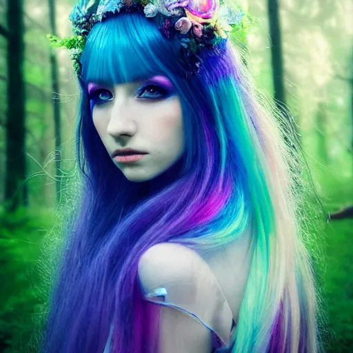 Prompt: portrait by bella kotak, beautiful fairy, rainbow translucent fairy wings, a forest clearing in the background, luminescent holographic colors, otherworldly, high fantasy art, soft glow, iridescent colors, ethereal aesthetic, intricate design, fae elements, detailed shiny blue hair, whimsical, atmospheric,