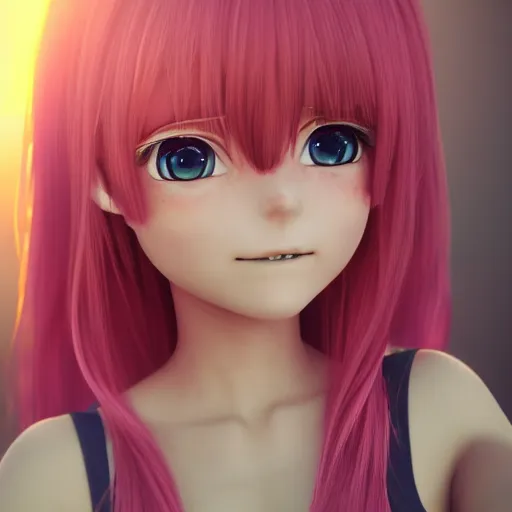 Image similar to Selfie render of a cute 3d anime girl, long pink hair, full bangs, hazel eyes, cute freckles, soft smile, golden hour, beach setting, medium shot, mid-shot, trending on Artstation,