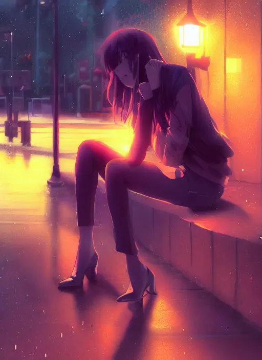 Image similar to listening to music at 2 am, night, pretty girl, pose, rain, lofi, lofi, peaceful, street light, anime key visual, poster, street wears, anime, by wlop, high quality, 4 k, trending, trending on artstation