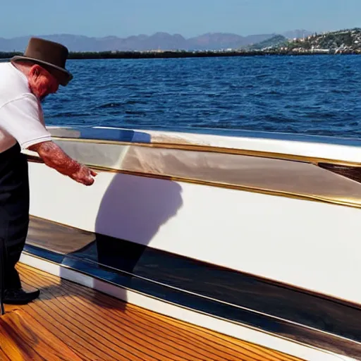 Image similar to wrinkled hunchbacked old man polishing the side of a gold plated mega yacht