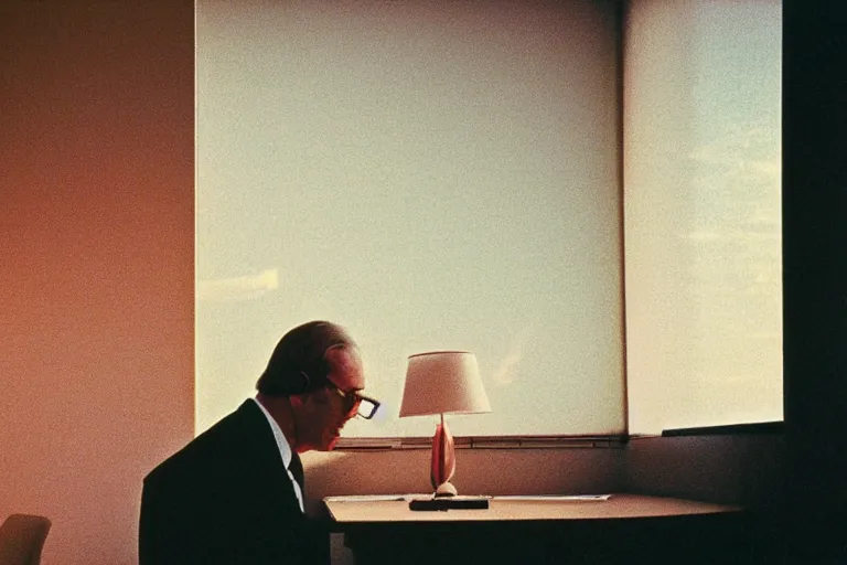 Image similar to close-up color film photography 1970s, long shot, man in suit sits in office with the shadow of the blinds on her face, soft focus, golden hour, soft light, 35mm, film photo, Joel Meyerowitz