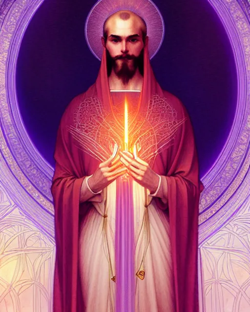 Prompt: symmetry portrait of saint germain and a violet flame, intricate, elegant, highly detailed, digital painting, artstation, concept art, smooth, sharp focus, illustration, art by artgerm and greg rutkowski and fra angelico and alphons mucha