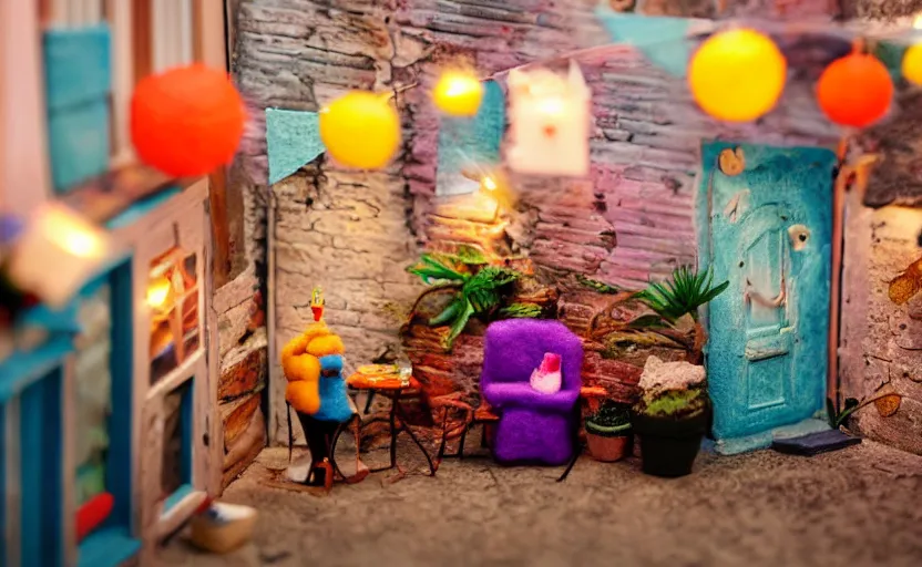 Image similar to mini cafe diorama macro photography, alleyway, cafe for felted animals, ambient, colorful paper lanterns, atmospheric photograph, string lights, romantic