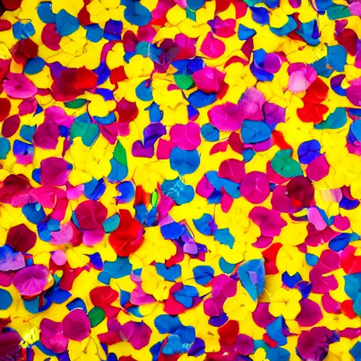 Image similar to spaciously scattered multi colored flower petals flowing through the air from left to right on a clean background