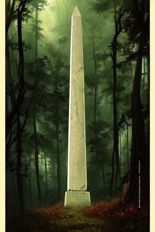 Image similar to greg rutkowski poster. ancient obelisk in the woods