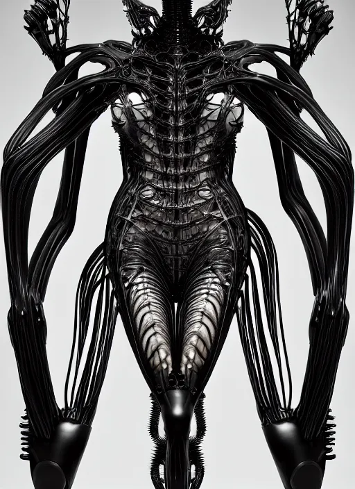 Image similar to iris van herpen gothic inflateble dark dress, perfect symmetrical body, helmet on face, full body shot, alien, plant predator, guyver, giger, wires, tubes, veins, jellyfish, white biomechanical details, wearing epic bionic cyborg implants, masterpiece, intricate, biopunk, vogue, highly detailed, artstation, concept art